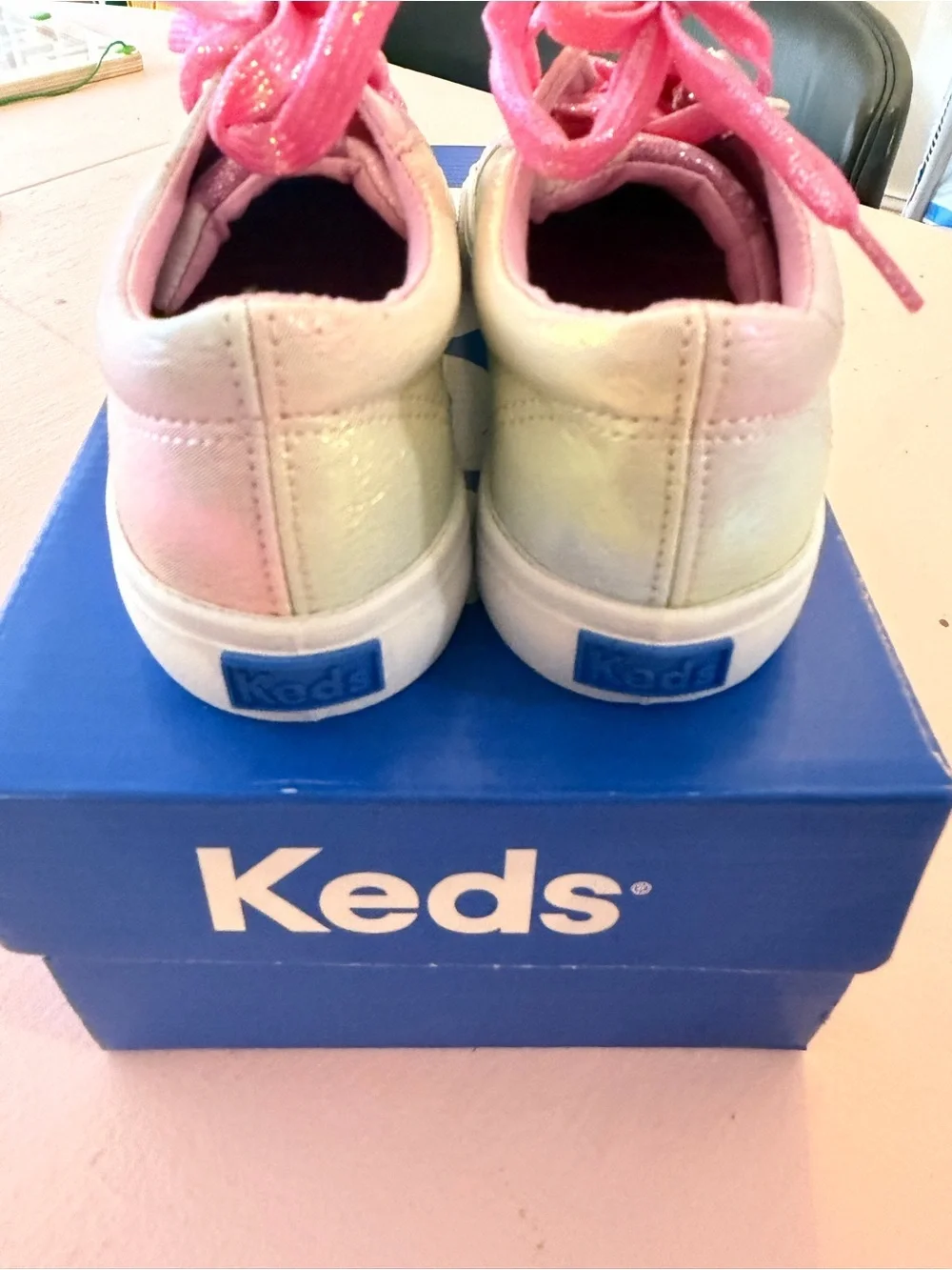 NWOT!! never worn!! Iridescent Pink and White Kids Sneakers with Fun beads